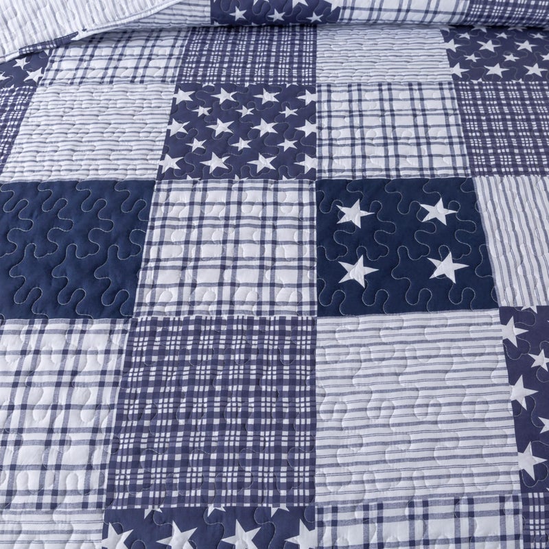 SLPR Americana Pride 3-Piece Quilt Set - Queen Size with 2 Shams, Lightweight Patriotic Bedding in Blue and White with Star and Plaid Patterns, Quilted Bedspread for Queen Bed - Image 5